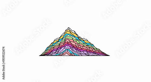 Colorful mountain layers shown in a vibrant, abstract, geometric illustration