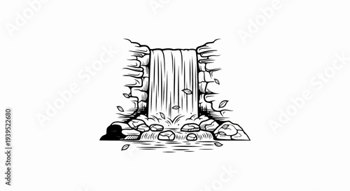 A stylized black and white illustration of a waterfall over rocks with falling leaves
