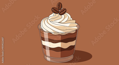 Vector eps illustration of layered coffee dessert in a cup with whipped cream