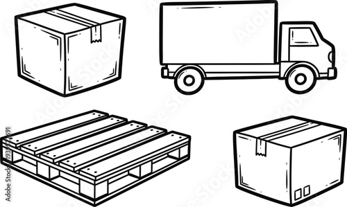 Hand drawn illustration of delivery truck, boxes, and pallet for logistics and shipping concepts.
