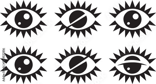 Abstract black eye icons with starburst rays, symbolizing vision, surveillance, perception, awareness, and creativity