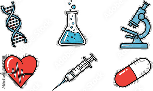 Collection of science and medical icons representing research and healthcare