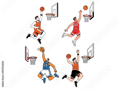 Basketball player jumping for slam dunk vector