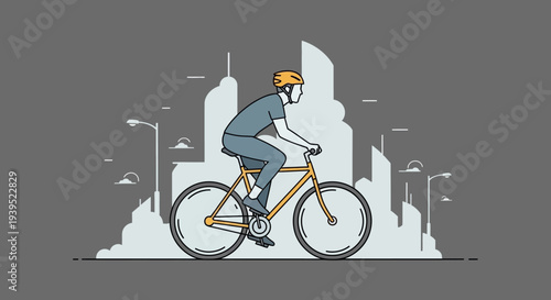 Man cycling in city, vector eps illustration of urban commuting with cityscape background