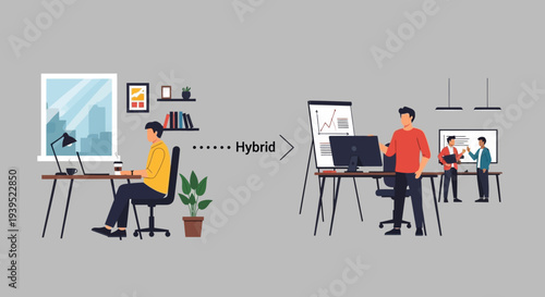 Hybrid work environment eps vector illustration of people working together