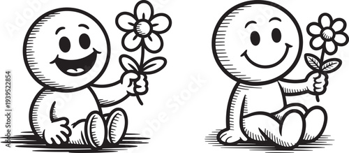 Cute cartoon baby characters holding flowers, representing joy, innocence, childhood, and simple happiness, ideal for children's themes