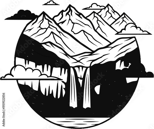 Circular scene of majestic mountains with a cascading waterfall plunging into a serene lake
