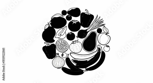 Circular arrangement of black and white fruits and vegetables