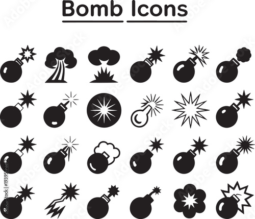 Collection of bomb icons and explosion graphics, representing danger, impact, ideas, and explosive growth