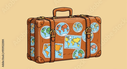 Vector eps illustration of a brown leather suitcase with global maps on a beige background