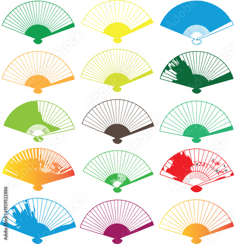 Colorful array of flat design folding fans with various textures and grunge effects, symbolizing summer, fashion, and cultural traditions