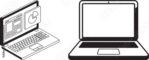 Isometric and front view of a laptop computer displaying a pie chart and website interface, signifying technology, business, and data analysis