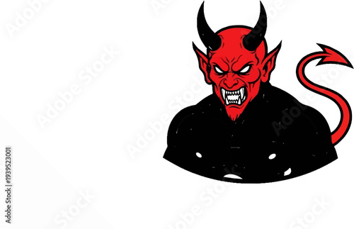 Ferocious red demon with black horns, sharp teeth, and curly tail