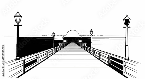 An empty pier stretches towards a setting sun over the water