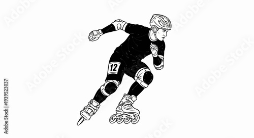 Athlete in protective gear skates rapidly on inline skates with wheels visible