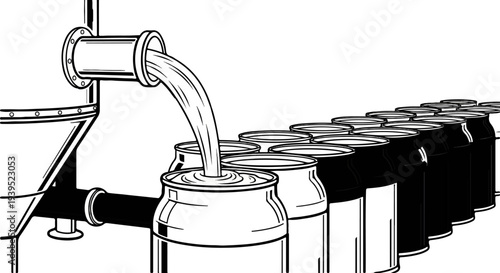 Beverage filling process liquid poured into cans on an assembly line