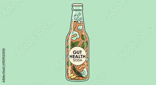 Vector eps illustration of gut health soda bottle with healthy ingredients and wellness design