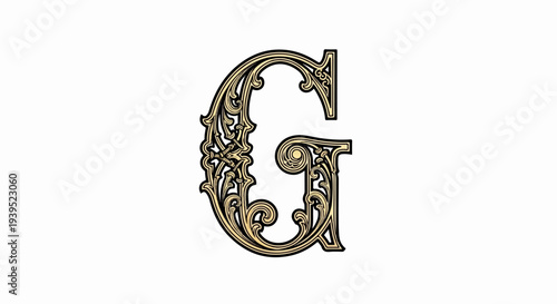 Ornate vintage letter G, rendered in gold tones with intricate scrollwork