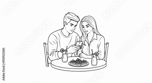 Couple shares a moment at a table with snacks and drinks, browsing phone