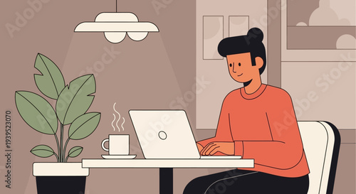 Woman working on laptop in a cozy cafe, vector eps file reference available