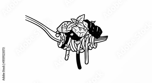 Fork loaded with pasta, cubed ingredients, and basil leaves