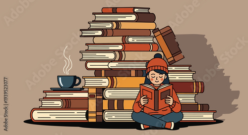 Woman reading a book surrounded by a stack of books in vector eps format illustration