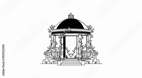 Ornate garden gazebo with climbing vines and floral accents