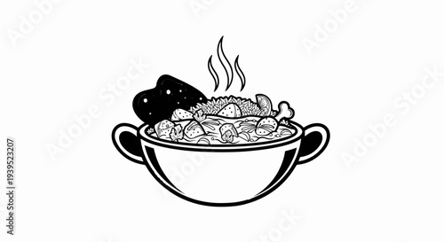 Delicious steaming bowl of stew with rice and chicken leg and slice of bread