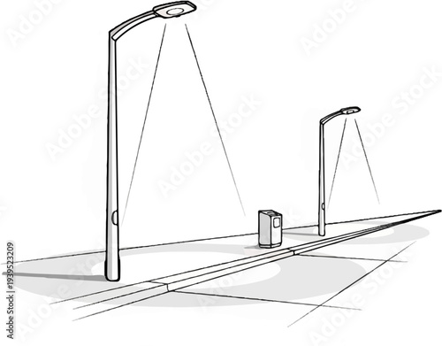 Minimalist sketch of a street with two modern lampposts and trash bin