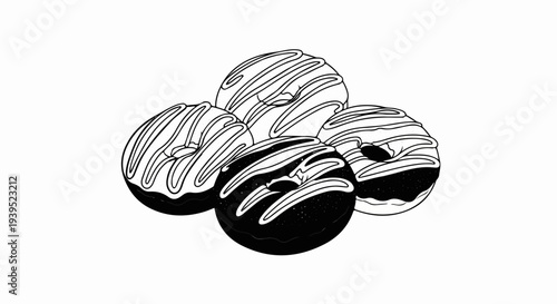 Black and white illustration of a pile of four glazed doughnuts