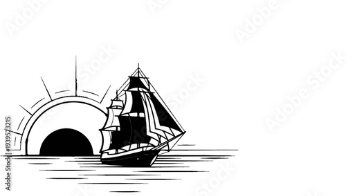 Black and white illustration of a sailing ship approaching a stylized sunrise over water