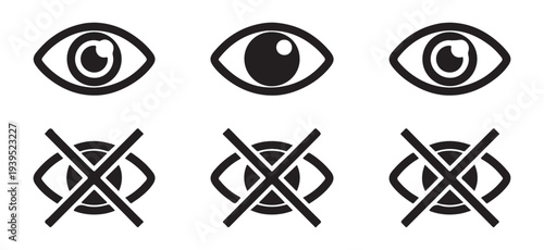 Eye icon set showing visible and hidden options. open eyes with pupil and crossed-out eyes