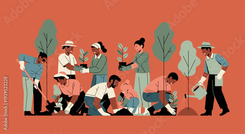 People planting trees together, vector eps illustration of community gardening