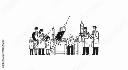 Medical team with large syringes and patients, representing healthcare