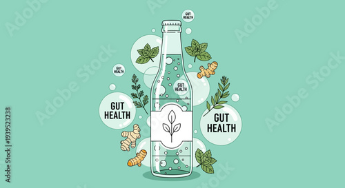 A refreshing bottle of gut health drink surrounded by herbs vector eps illustration