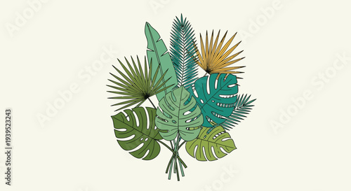 Tropical leaves vector eps illustration on a white background, studio shot from above