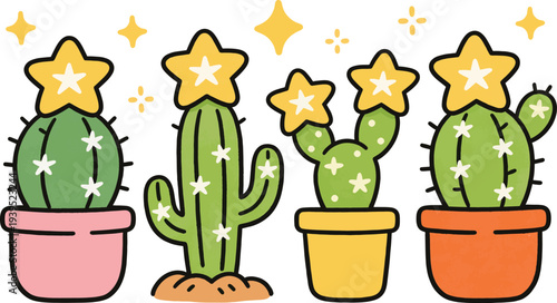 Playful seamless pattern featuring smiling cactus plants, stars, and pastel flower pots in a cute cartoon style. Ideal for children’s design, fabric prints, wallpapers, and cheerful decorative backgro