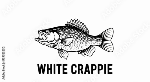 Detailed black and white illustration of a white crappie fish