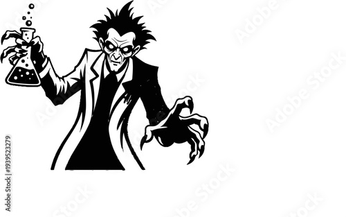 Mad scientist with spiky hair holds bubbling flask, reaching with clawed hand