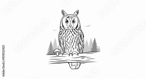 Detailed line drawing of an owl perched on a branch with reflection