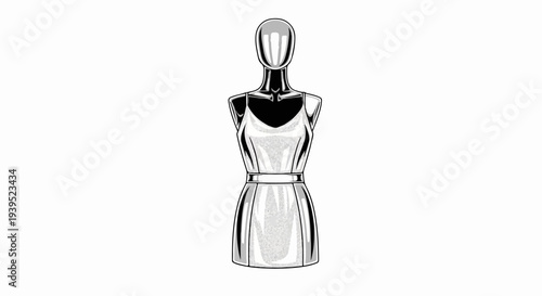 Silver mannequin displaying a sleek, sleeveless, V-neck dress