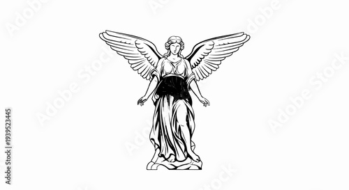 Line art of a classical winged female figure in a long robe