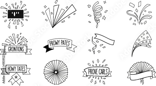 Hand-drawn festive bursts and banners with celebratory elements