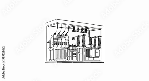 Detailed schematic of an electrical switchgear assembly with transformers and circuit breakers