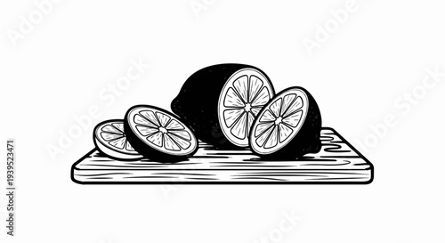 Sliced and whole citrus fruits arranged on a wooden board