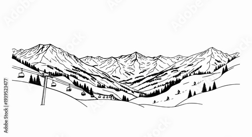 Snowy mountain range with ski lifts and skiers descending slopes