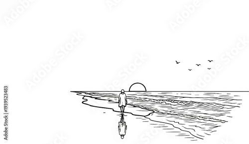 Solitary figure walks along a shoreline toward a setting sun