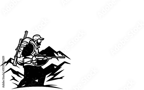 Man with rifle and backpack in mountains