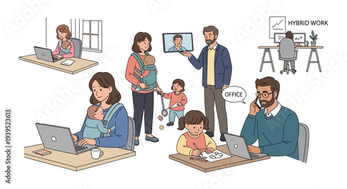 Hybrid Work and Parenthood: Modern Work-Life Balance with Remote Work, Office Tasks, and Childcare Integration in a Flexible Professional Environment