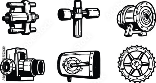 Collection of vintage industrial mechanical parts and gears rendered in a hand-drawn style.